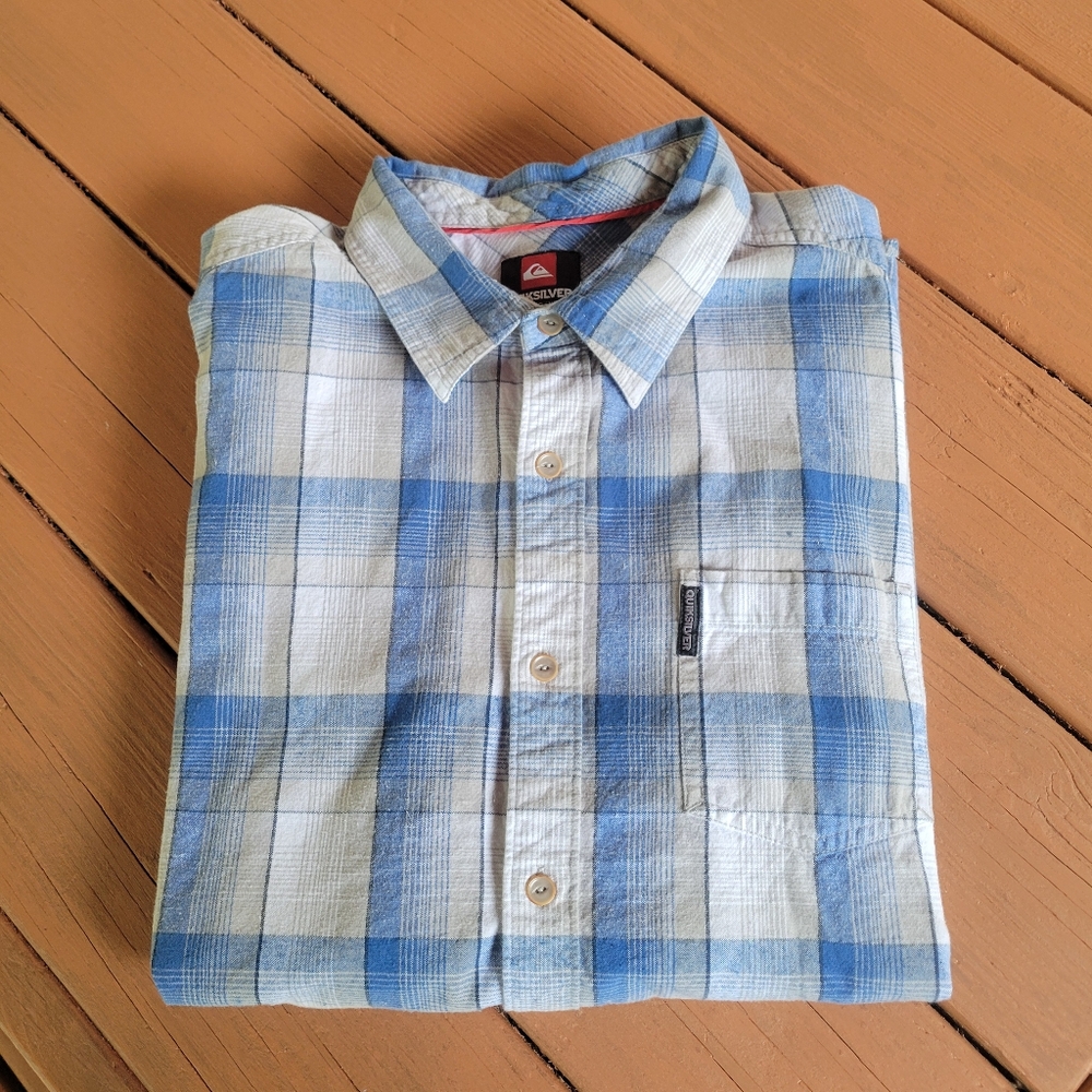 Men's Quiksilver Blue Plaid Long Sleeve Shirt XL Slim Fit